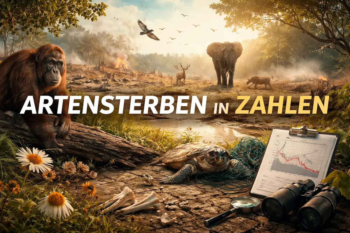 Artensterben in Zahlen: Symbolische Darstellung bedrohter Tierarten in einer durch menschliche Eingriffe geschädigten Landschaft mit grafischer Trendanalyse