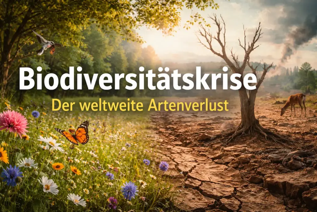 Biodiversitätskrise: Gegenüberstellung einer artenreichen Wiese und einer ausgetrockneten, artenarmen Landschaft