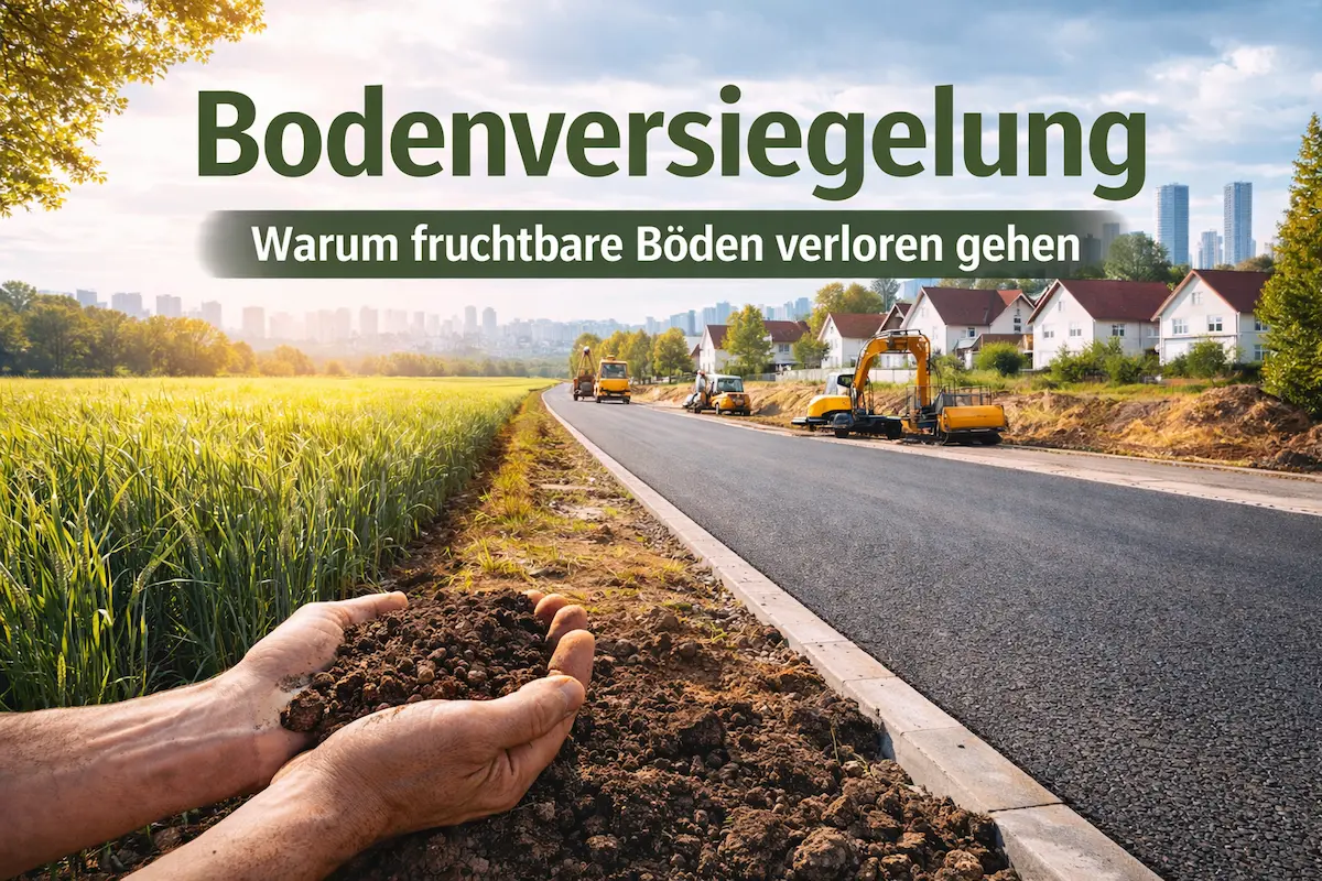 Bodenversiegelung: Fruchtbarer Ackerboden grenzt direkt an neu asphaltierte Straße und Baustelle am Stadtrand.