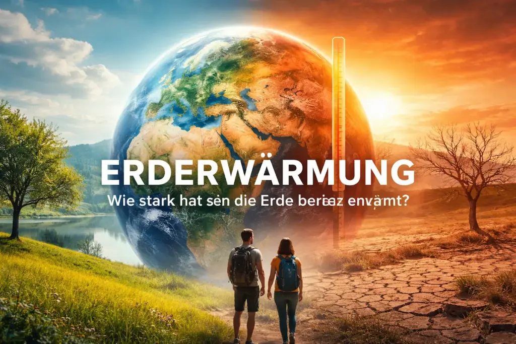 Erderwärmung: Visualisierung der globalen Temperaturzunahme mit Erde, Temperaturanzeige und kontrastierenden Landschaften