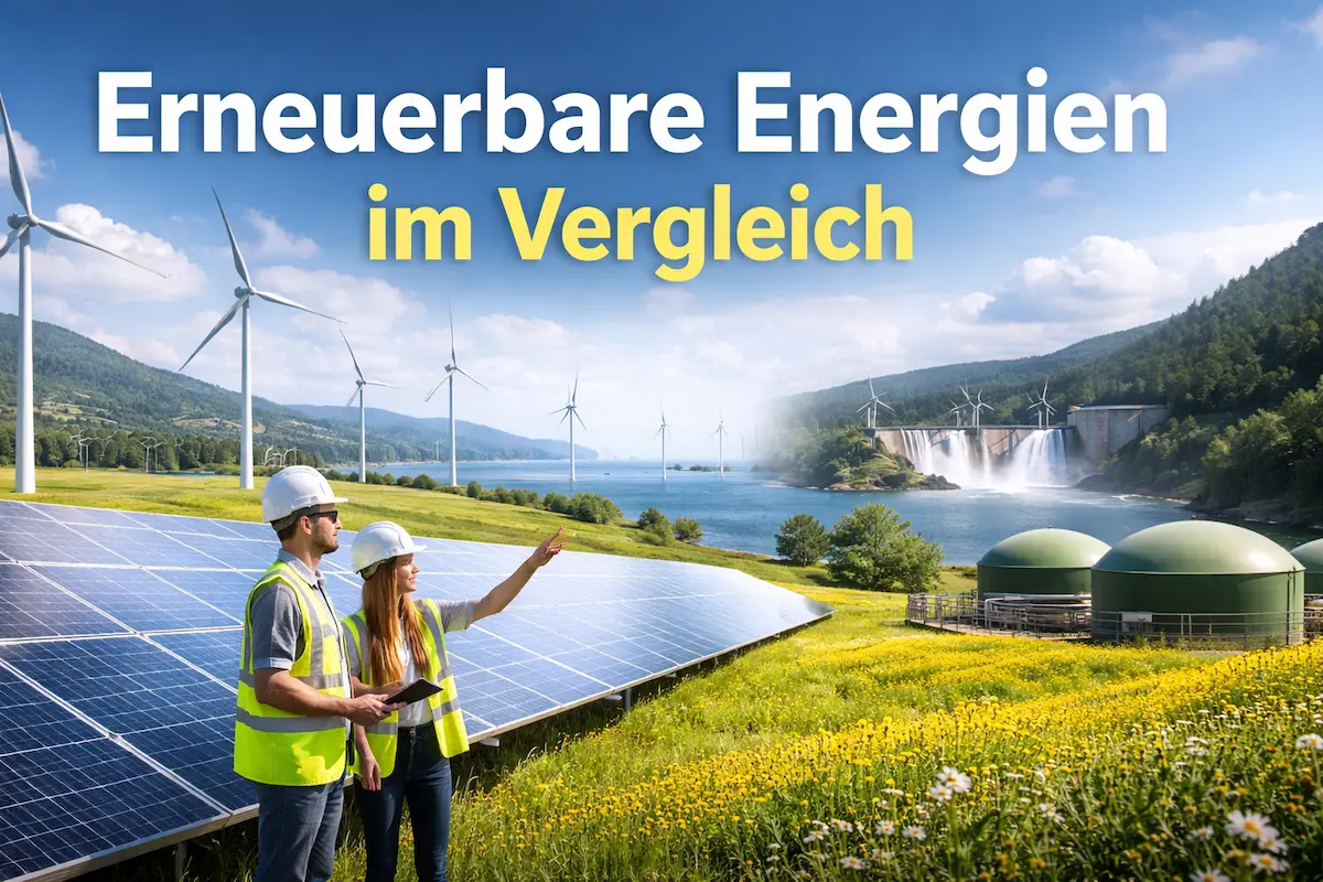 Erneuerbare Energien im Vergleich: Solaranlagen, Windräder, Wasserkraft und Biogasanlage in einer Landschaft