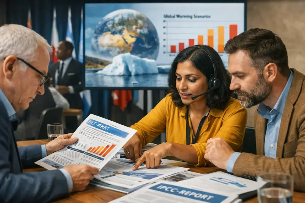 Expertinnen und Experten analysieren IPCC-Berichte zu Klimawandel, Szenarien und Risiken in internationalem Kontext.