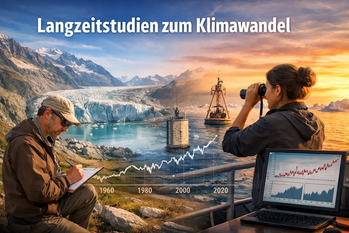 Langzeitstudien zum Klimawandel zeigen Klimamessungen über viele Jahrzehnte anhand von Wetterstationen, Ozeanbeobachtungen und langfristigen Datenreihen.