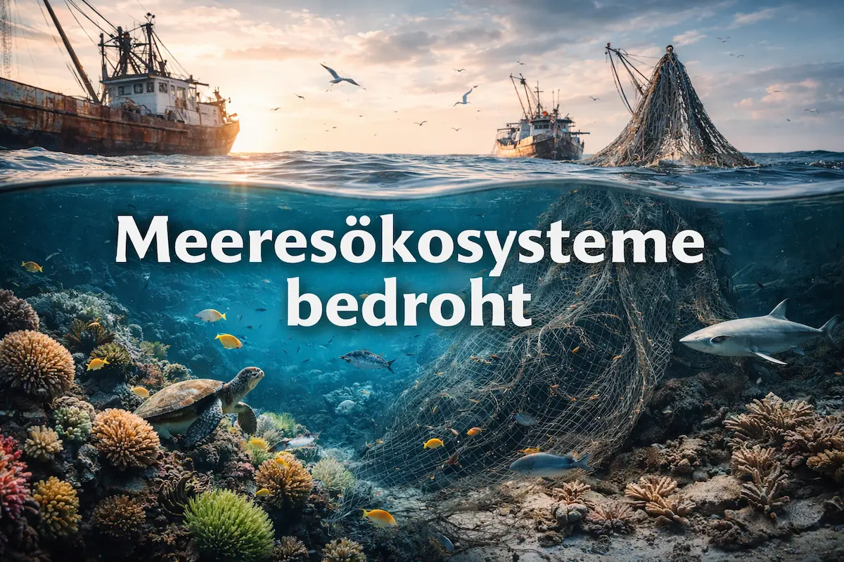 Meeresökosysteme bedroht: Unterwasseraufnahme mit Korallenriff, Fischen und Schildkröte, die von einem Fischernetz und Fangbooten an der Oberfläche überlagert werden.