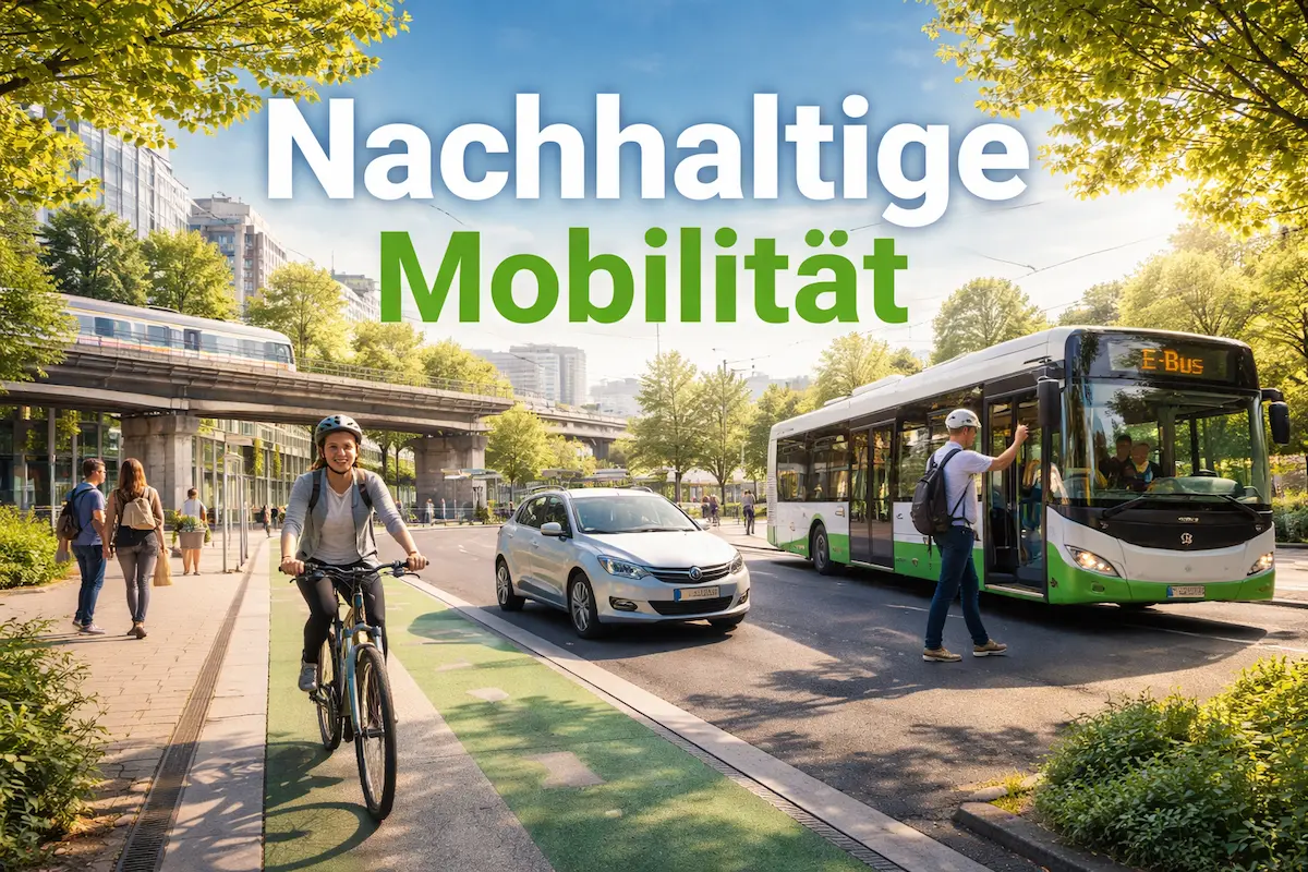 Nachhaltige Mobilität in der Stadt: Menschen nutzen Fahrrad, E-Bus und Elektroauto auf einer begrünten urbanen Straße