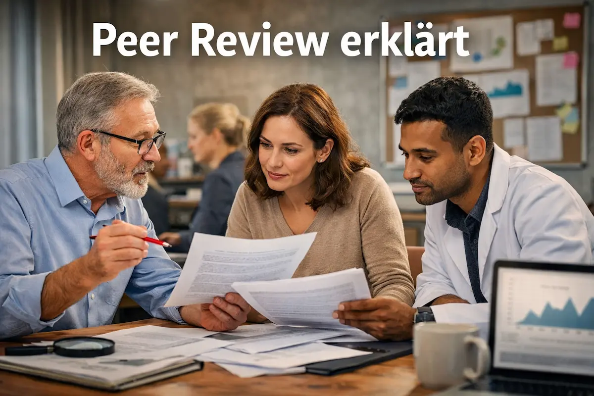 Peer Review erklärt: Forschende prüfen gemeinsam eine wissenschaftliche Studie in ruhiger Arbeitsatmosphäre
