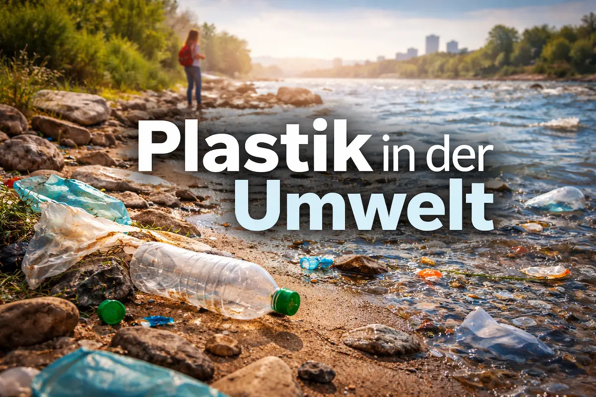 Plastik in der Umwelt: Kunststoffabfälle und Flaschen liegen am Ufer eines Flusses, während Plastikreste im Wasser treiben.