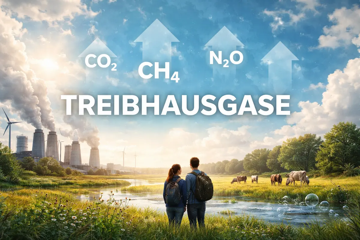 Illustration zu Treibhausgasen: CO₂, Methan und Lachgas steigen aus Industrie, Landwirtschaft und Natur in die Atmosphäre auf