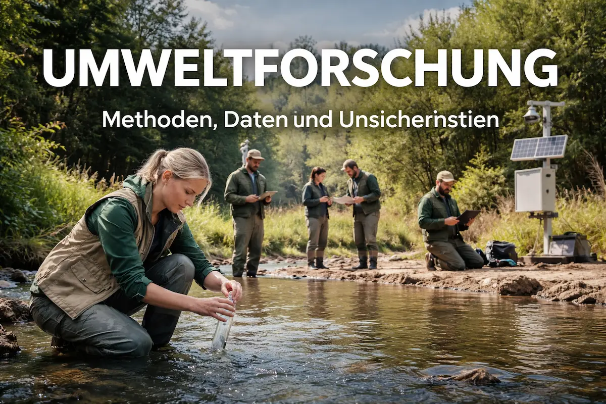 Umweltforschung im Gelände: Forschende entnehmen Wasserproben und erfassen Umweltdaten an einem Fluss