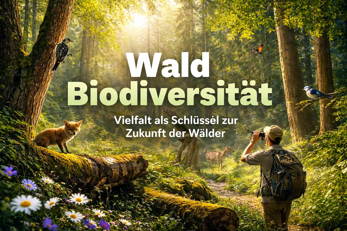 Wald Biodiversität in einem strukturreichen Mischwald mit Totholz, Wildtieren und einem Menschen bei der Naturbeobachtung