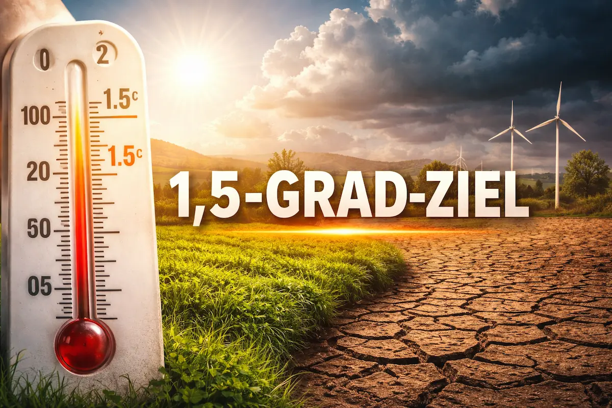 Thermometer bei 1,5 Grad vor Landschaft im Wandel – Symbolbild zum 1,5-Grad-Ziel und den Folgen des Klimawandels.