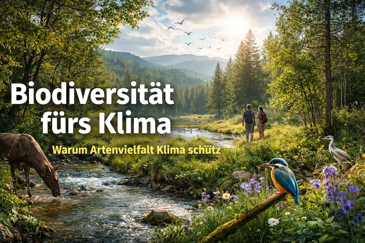 „Biodiversität fürs Klima: Artenreicher Flusslauf in naturnahem Wald mit Vögeln, Wildtieren und Menschen als Symbol für Klimaschutz durch intakte Ökosysteme.“