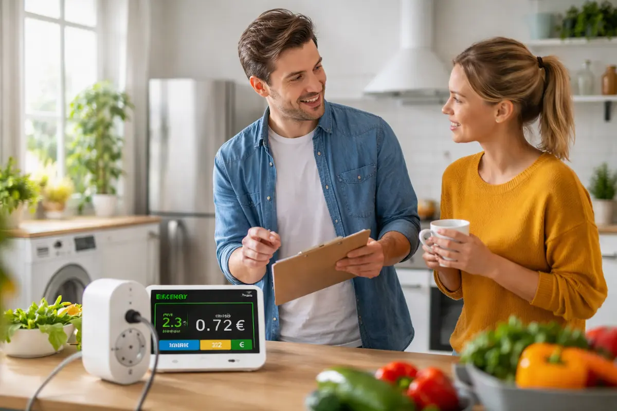 Energieeffizienz im Haushalt: Paar analysiert Stromverbrauch mit digitalem Energiemonitor in der Küche