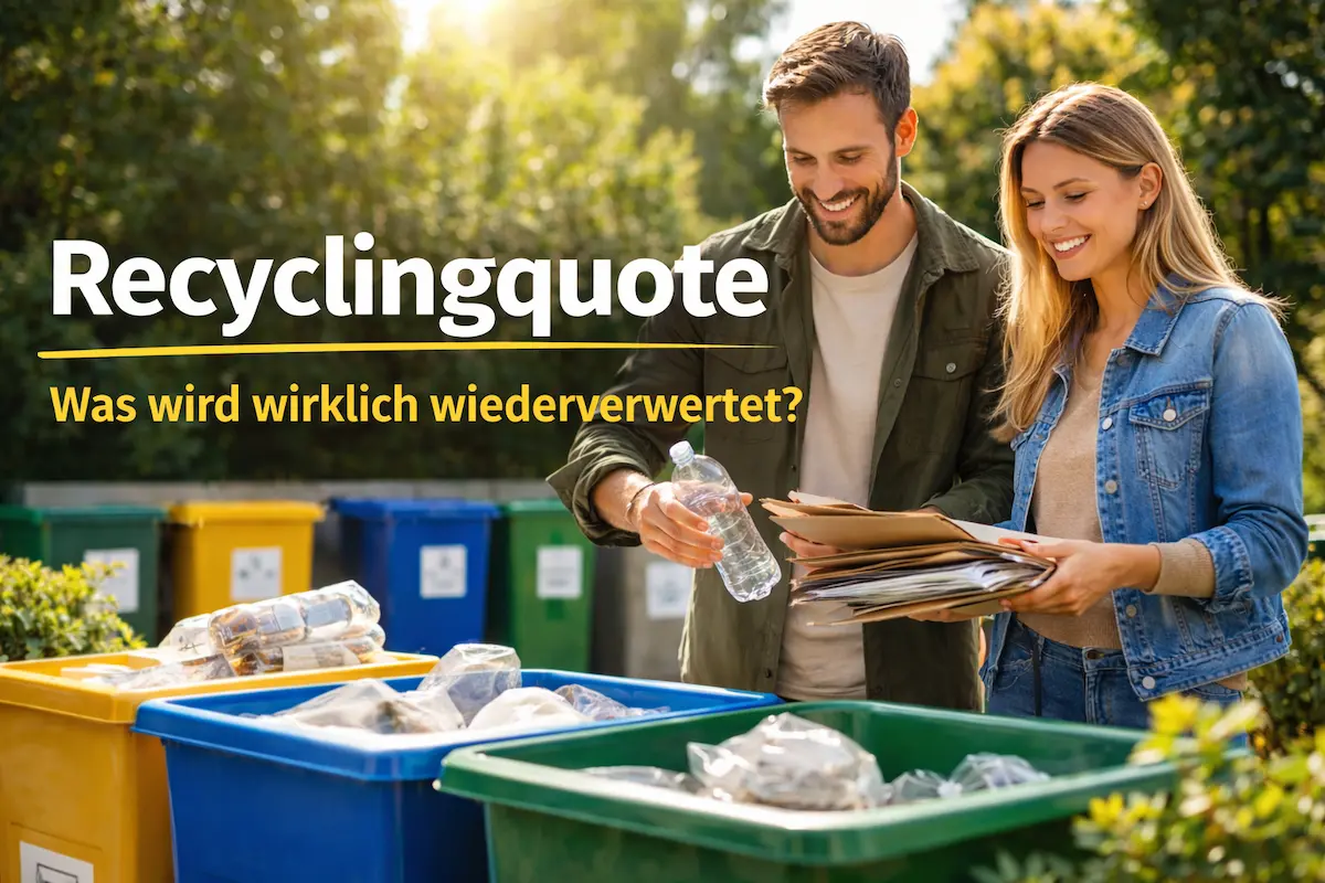 Recyclingquote: Zwei Erwachsene trennen Verpackungsabfälle wie Plastik und Papier in farbigen Mülltonnen.