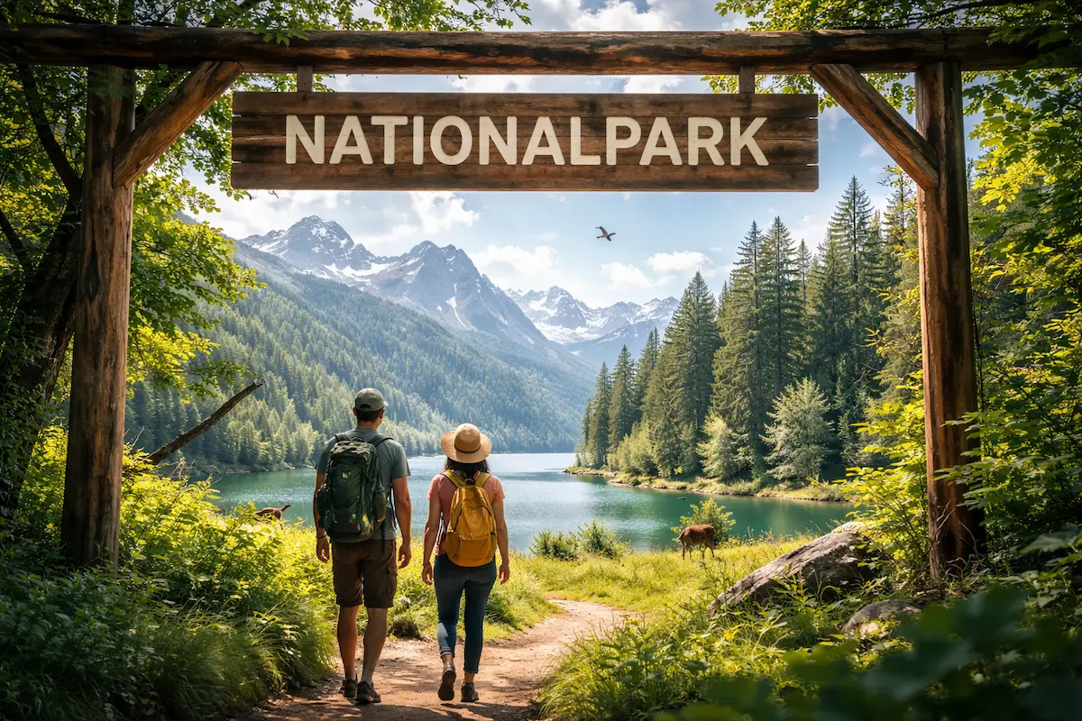 Zwei Wandernde betreten ein Schutzgebiet mit Berglandschaft, See und Wald im HintergrundSchutzgebiete bieten Rückzugsräume für Natur – und zeigen, wie wichtig ihr Schutz wirklich ist